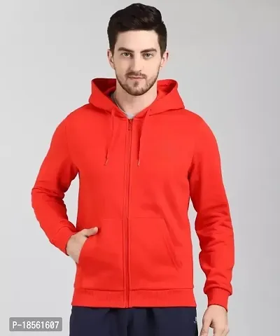 Men's Regular Fit Full Sleeve Fleece Two Side Pocket Hooded Neck Zipper Sweatshirt (Red)-thumb0