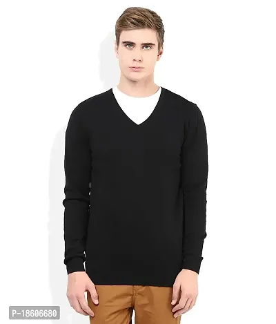 Men's Regular Fit Full Sleeve Winter Wear Fabric Wool V-neck Sweater (Black)