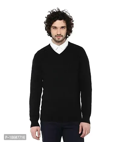 Men`s Regular Fit Long Sleeve V-Neck Winter Wear Woolen Sweater(BLACK)-thumb0