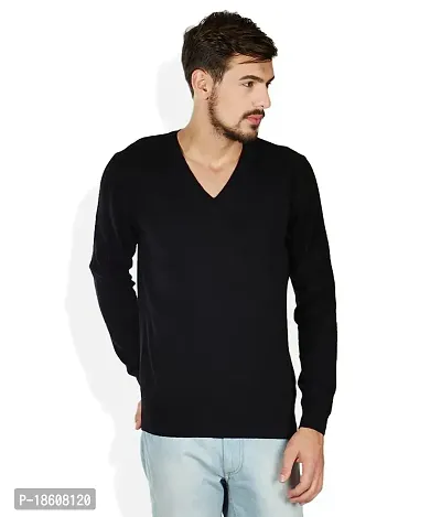 Men`s Regular Long Sleeve V-Neck Woolen Winter Wear Sweater(Black)-thumb0