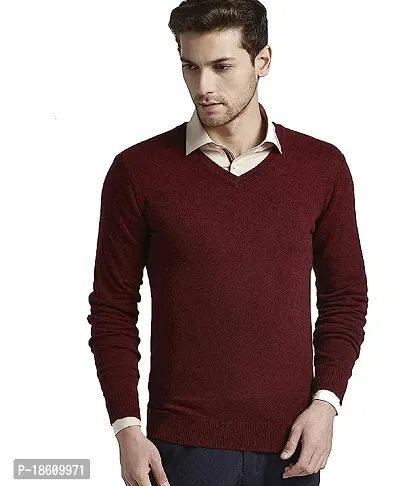 Men`s Regular Fit V-Neck Winter Wear Woolen Long Sleeve Sweater(Maroon)-thumb0