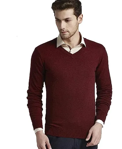 Men`s Regular Fit V-Neck Winter Wear Woolen Long Sleeve Sweater(Maroon)