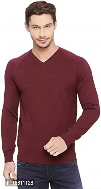 Men`s Regular Fit V-Neck Long Sleeve Winter Wear Woolen Sweater(Maroon)
