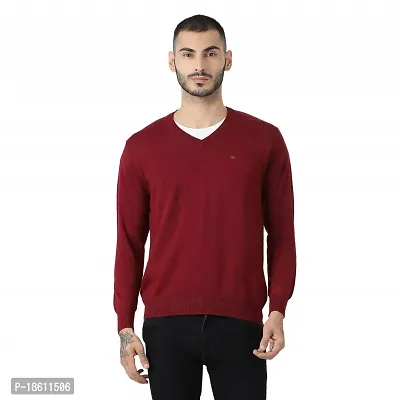 Men`s Regular Fit V-Neck Long Sleeve Winter Wear Sweater(Maroon)-thumb0