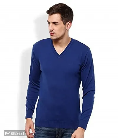 Men`s Regural Fit V-Neck Long Sleeve Winter Wear Woolen Sweater(Blue)-thumb0