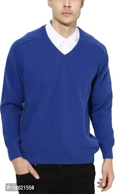 Men`s Regular Fit Long Sleeve V-Neck Winter Wear Woolen Sweater(Blue)