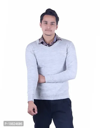 Men`s Regular Fit V-Neck Full Sleeve Winter Wear Woolen  Sweater(Light Grey)
