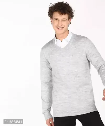Men`s Fit Regular V-Neck Long Sleeve Winter Wear woolen Sweater(Light Grey)-thumb0
