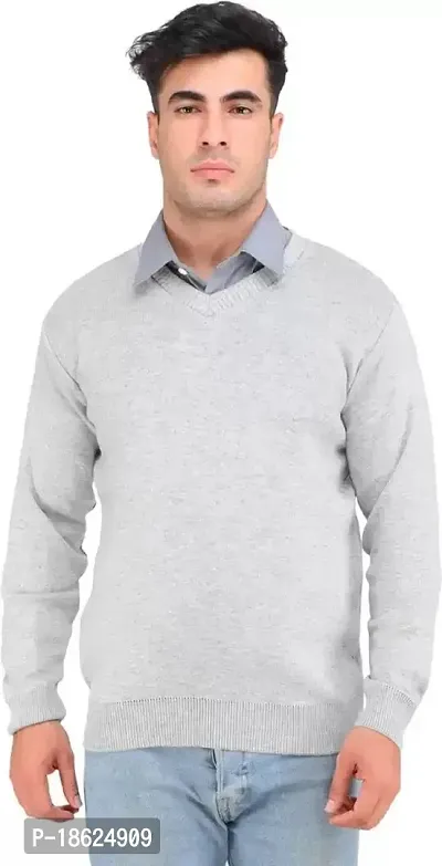 Men`s Fit Regular V-neck Long Sleeves Winter Wear Woolen Sweater(Light Grey)-thumb0