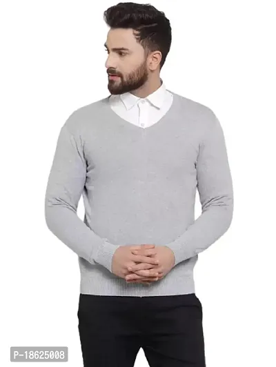 Men`s Regular Fit V-Neck Long Sleeve Winter Wear Woolen Sweater(Light Grey)-thumb0