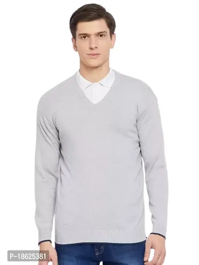 Men`s Fit Regular V-Neck Long Sleeve Winter Wear Woolen Sweater(Light Grey)