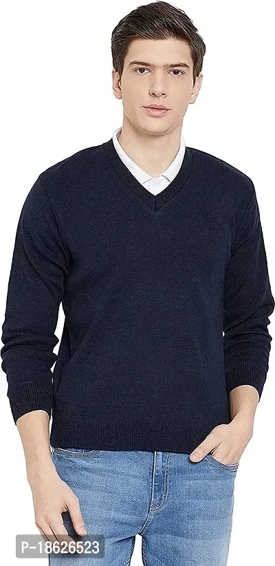 Men`s Fit Regular V-Neck Long Sleeve Winter Wear Woolen Sweater(Navy Full)