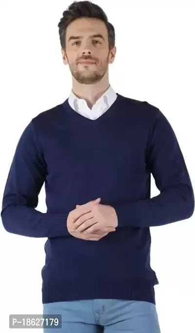 Men`s Fit Regular V-Neck Long Sleeve Winter Wear Woolen Sweater(Navy Full)-thumb0