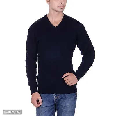 Men`s Fit Regular V-Neck Long Sleeve Winter Wear Woolen Sweater(Navy Full)-thumb0