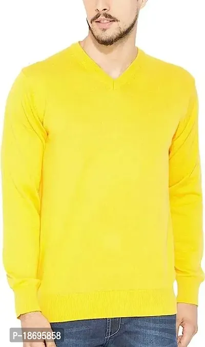 Men`s Regular Fit V-Neck Long Sleeve Winter Wear Woolen Comfortable Sweater(Yellow)-thumb0
