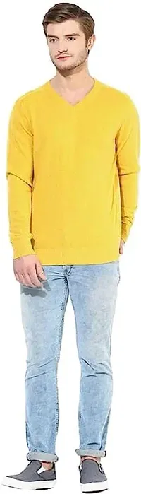 Men`s Regular Fit V-Neck Long Sleeve Winter Wear Woolen Comfortable Sweater(Yellow)