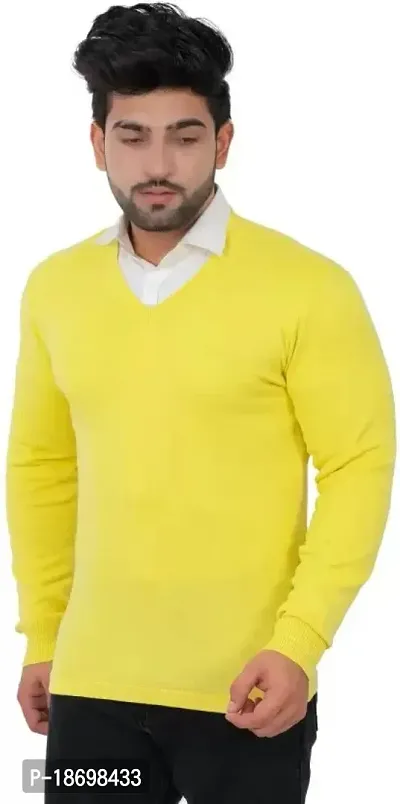 Men`s Regular Fit V-Neck Full Sleeve Winter Wear Woolen Comfortable Sweater(Yellow)-thumb0