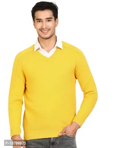 Men`s Regular Fit V-Neck Long Sleeve Winter Wear Woolen Comfortable Sweater(Yellow)