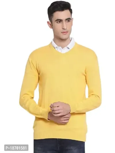 Men`s Regular Fit V-Neck Long Sleeve Winter Wear Woolen Comfortable Sweater(Yellow)