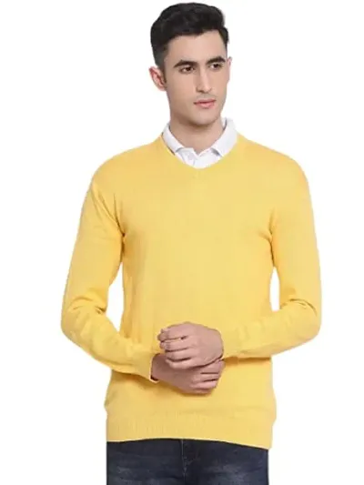 Men`s Regular Fit V-Neck Long Sleeve Winter Wear Woolen Comfortable Sweater(Yellow)