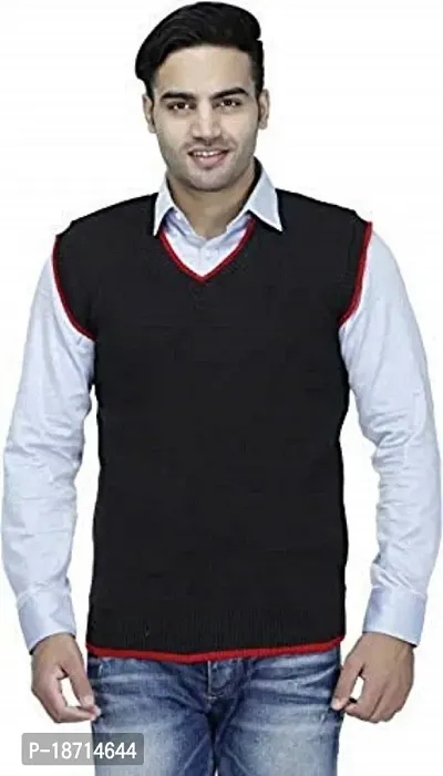 Men`s Regular Fit V-Neck Sleeveless Winter Wear Woolen Designer Sweater(Black)-thumb0