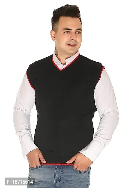 Men`s Regular Fit V-Neck Sleeveless Winter Wear Woolen Designer Sweater(Black)