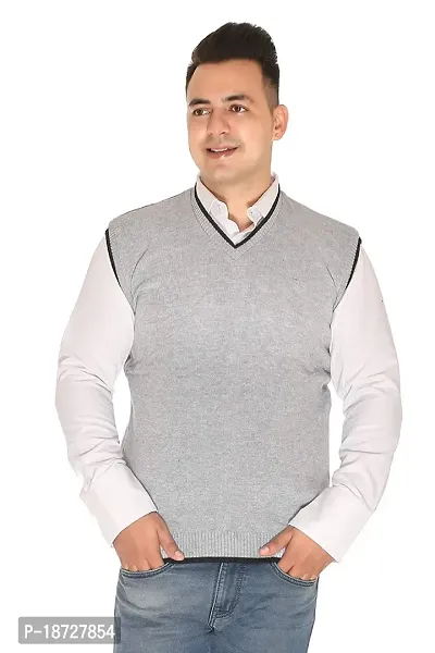 Men`s Regular Fit V-Neck Sleeveless Winter Wear Woolen Designer Sweater(Light Grey)-thumb0