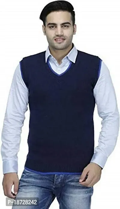 Men`s Regular Fit V-Neck Sleeveless Winter Wear Woolen Designer Sweater(NAVY BLUE)