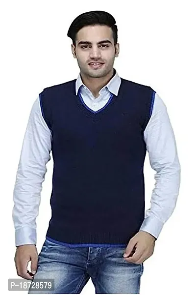 Men`s Regular Fit V-Neck Sleeveless Winter Wear Woolen Designer Sweater(Navy Blue)
