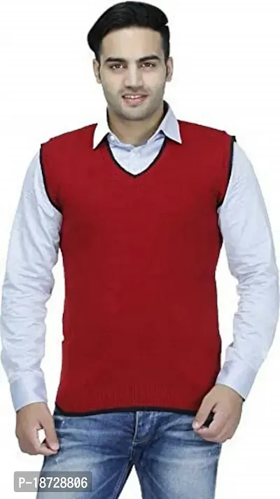 Men`s Regular Fit V-Neck Sleeveless Winter Wear Woolen Designer Sweater(MAROON)