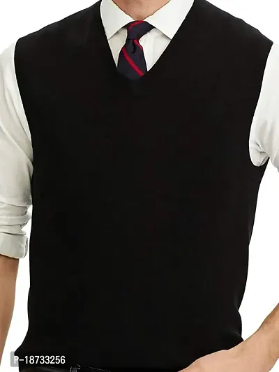 Men`s Regular Fit V-Neck Sleeveless Winter Wear Woolen Plain Sweater(BLACK)-thumb0