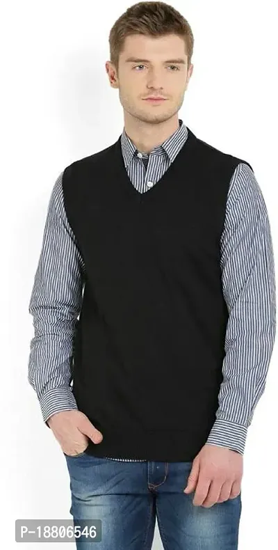 Men`s Regular Fit V-Neck Sleeveless Winter Wear Woolen Sweater(BLACK)-thumb0