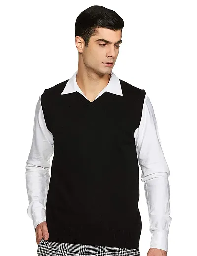 Men`s Regular Fit V-Neck Sleeveless Winter Wear Woolen Plain Sweater(BLACK)