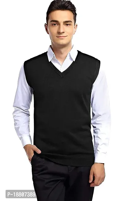 Men`s Regular Fit Sleeveless V-Neck Winter Wear Woolen Sweater(BLACK)