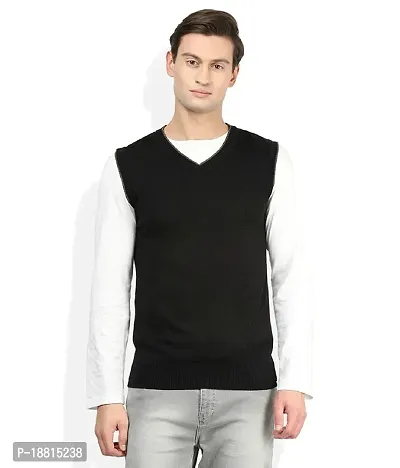 Men`s Regular Fit Sleeveless V-Neck Winter Wear Woolen Sweater(BLACK)-thumb0