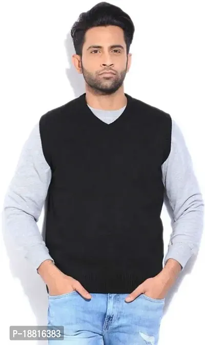 Men`s Regular Fit Sleeveless V-Neck Winter Wear Woolen Sweater(BLACK)-thumb0