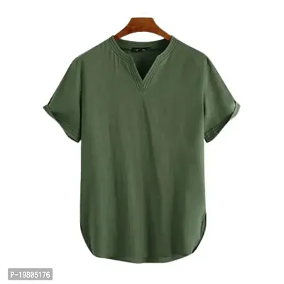 Men's Regular Fit Half Sleeve Summer Wear Cotton V-Neck Green Kurta .