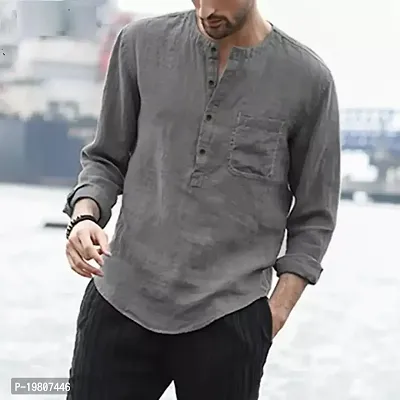 Men's Regular Fit Full Sleeve Comfortable Cotton Mandarin Collar Summer wear Kurta Shirt(Grey)-thumb0