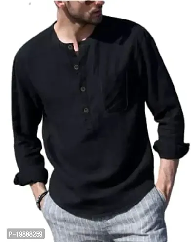 Men's Regular Fit Full Sleeve Comfortable Cotton Mandarin Collar Summer wear Kurta Shirt(Black)-thumb0