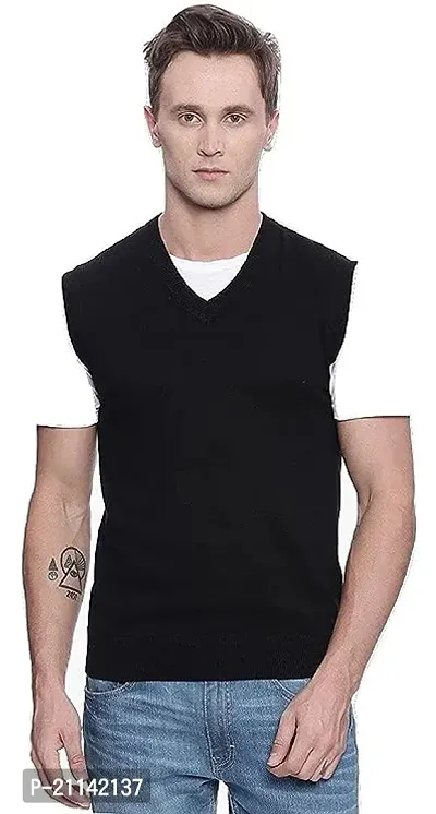 Men's Regular Fit Sleeveless Winter Wear V- Neck Wool Sweatr (Black)-thumb0