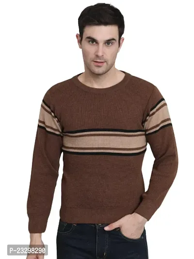 Men's Regular Fit Full Sleeve Wool Winter Wear Strip Desingner Sweater (Copper)