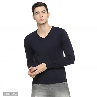 Men's Regular Fit Full Sleeve Winter Wear Wool V-Neck Sweater (Black)-thumb0