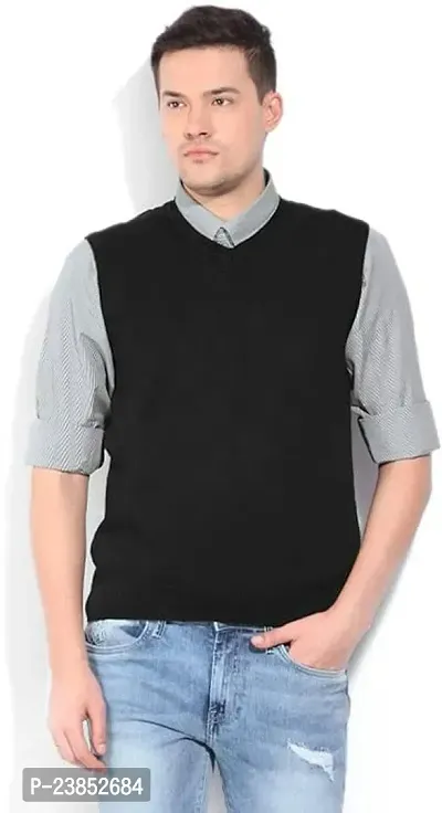 Men's Regular Fit Half Sleeveless V-Neck Plain Black Sweater-thumb0