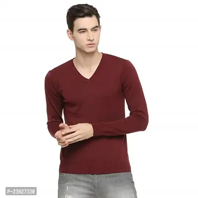 Men's Regular Fit Full Sleeve Winter Wear V-Neck Plain Maroon Sweater-thumb0