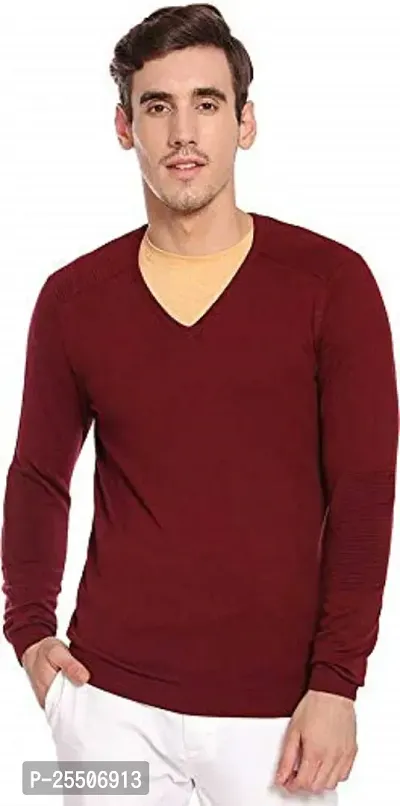 Men's Regular Fit Full Sleeve V-Neck Winter Wear Plain Sweater(Maroon)-thumb0