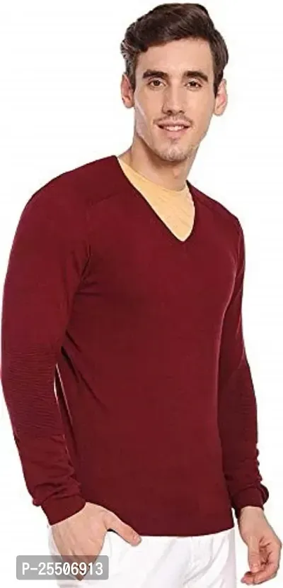 Men's Regular Fit Full Sleeve V-Neck Winter Wear Plain Sweater(Maroon)-thumb3