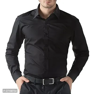 Men's Regular Fit Full Sleeve Cotton Summer Wear Cutway Coller Plain Black Shirt-thumb0