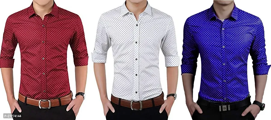 Men's Regular Fit Cotton Full Long Sleeve Summer Wear Dot Print Shirt - Pack of 3