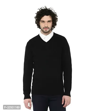 Men's Regular Fit Full Sleeve Winter Wear V-neck Woolen Sweater (Black)-thumb0