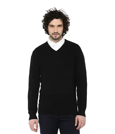 Men`s Regular Fit Long Sleeve V-Neck Winter Wear Woolen Sweater(BLACK)